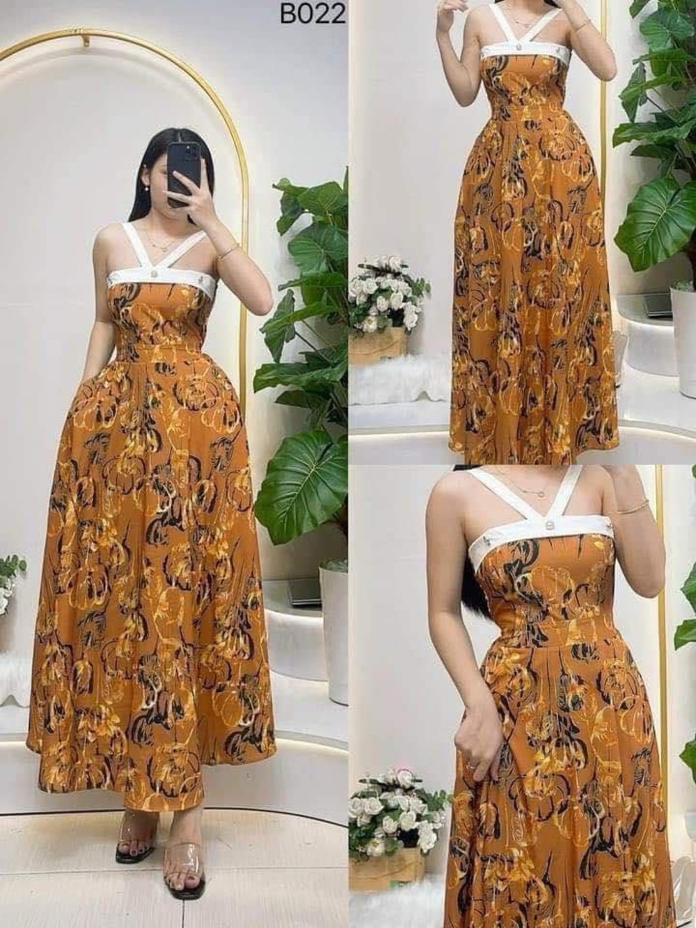 Women's Floral Print Strappy Maxi Dress - Orange